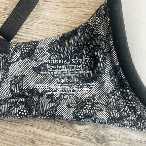 Victorias Secret Lined Perfect Coverage Black Lace Rhinestone Underwire Bra 34DD - Picture 5 of 6